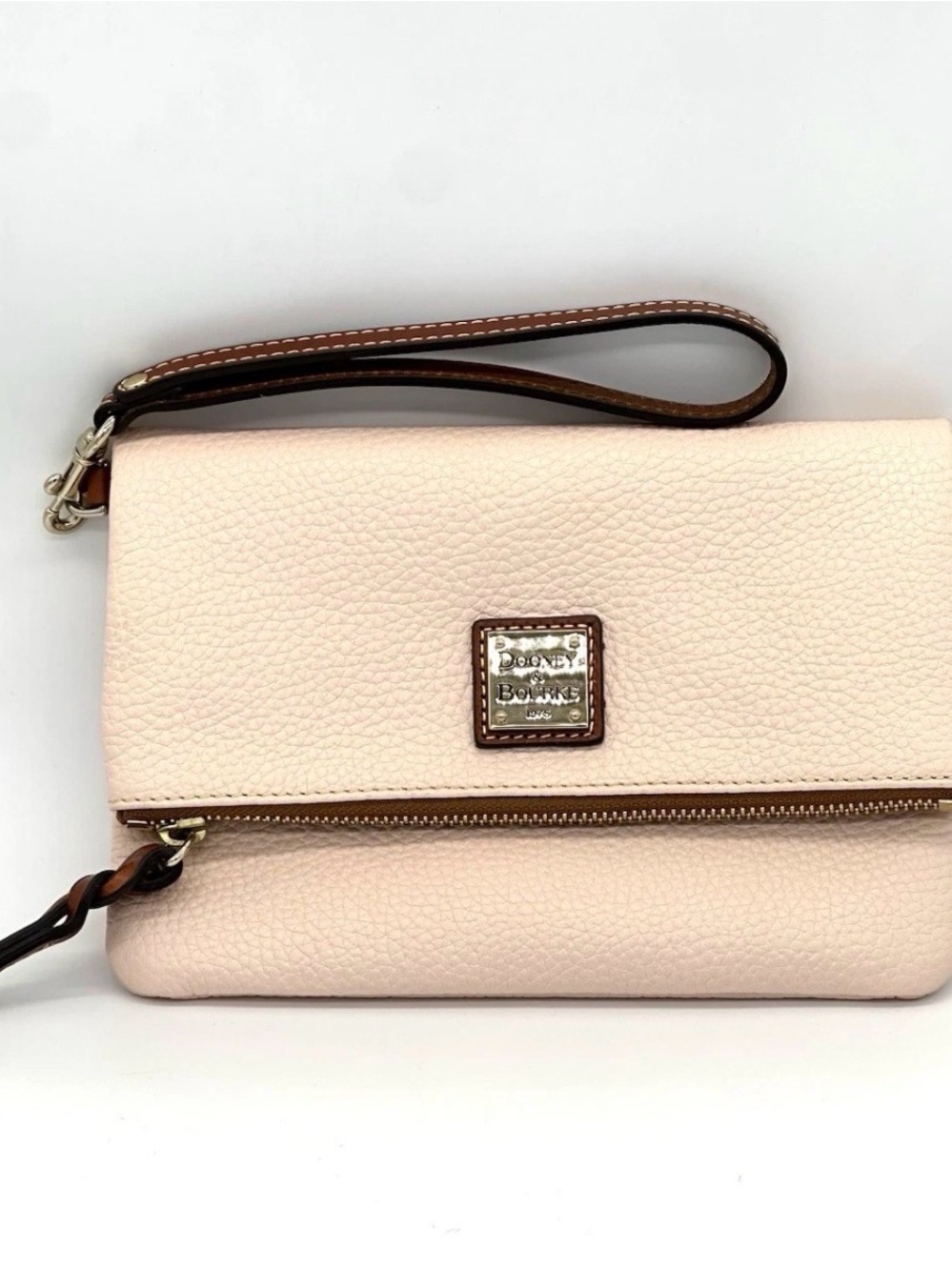 Dooney & Bourke Blush Pebble Leather Foldover Wristlet with Brown Strap